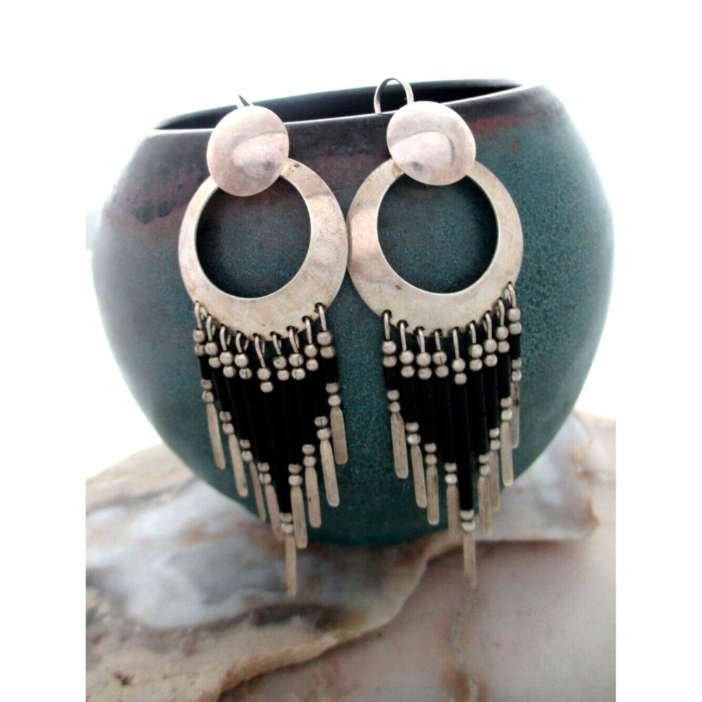 QT Carolyn Pollack Black Onyx vintage tassel dangle Sterling Silver Earrings